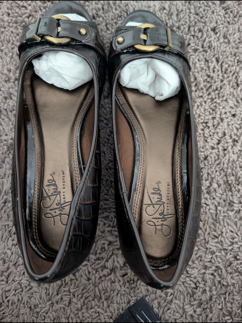 Life Stride Women's Dark Brown Patent Wedge Flats with Gold Accent